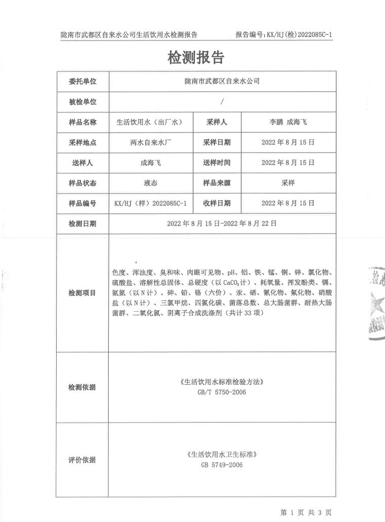 2022年8月25日武都城區(qū)飲用水檢測報告