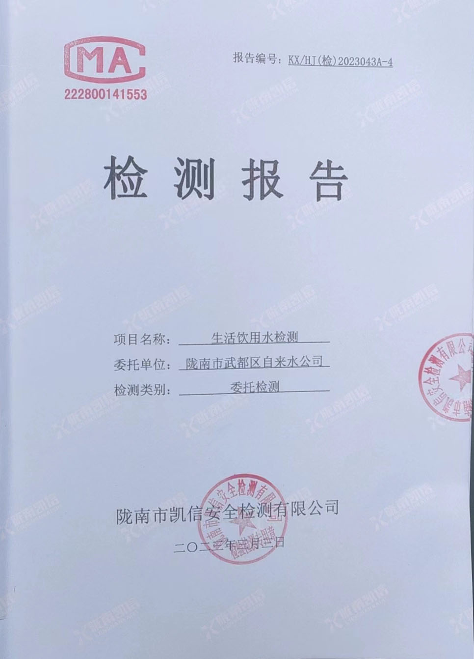 2023年3月3日武都城區(qū)飲用水檢測報告