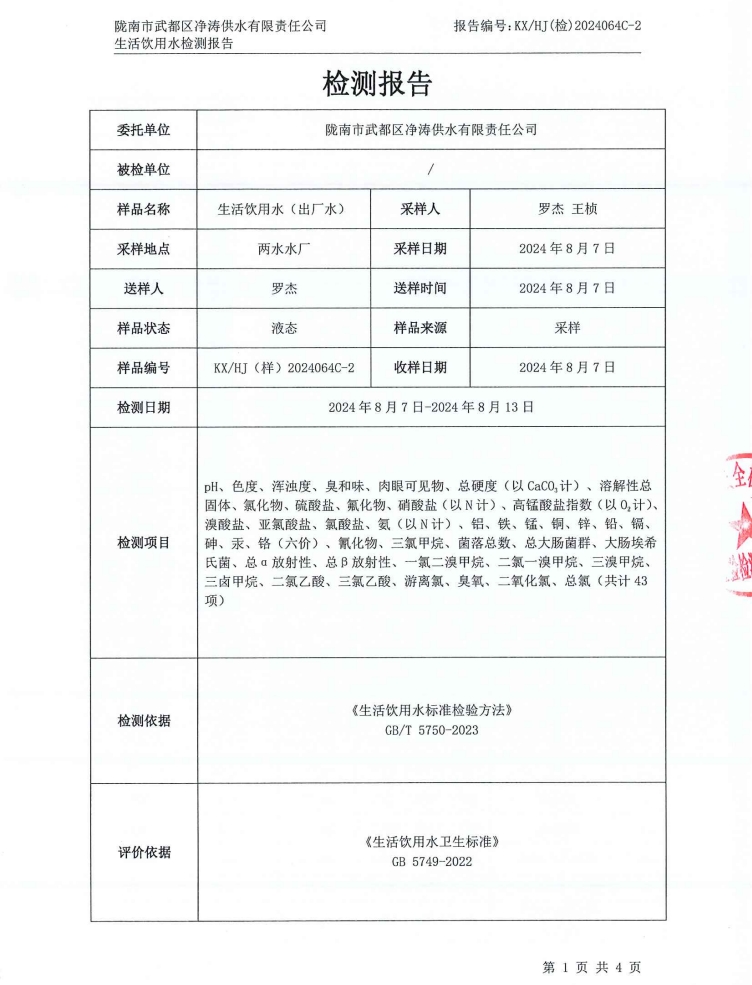 2024年8月16日武都城區(qū)飲用水檢測報(bào)告